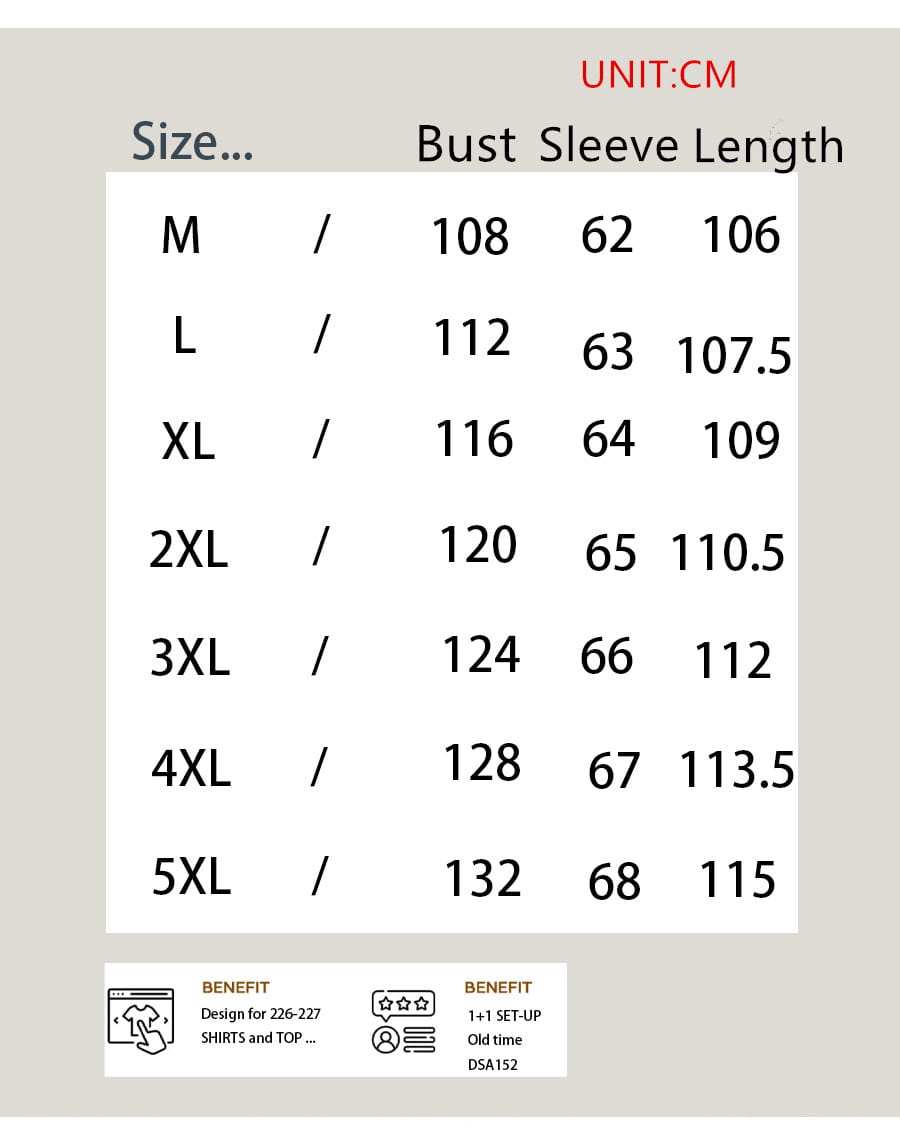 Tabla de tallas para una chaqueta de traje de doble botonadura casual para hombre de poliéster, que muestra las medidas de la ropa de mujer en centímetros, desde talla M hasta 5XL.