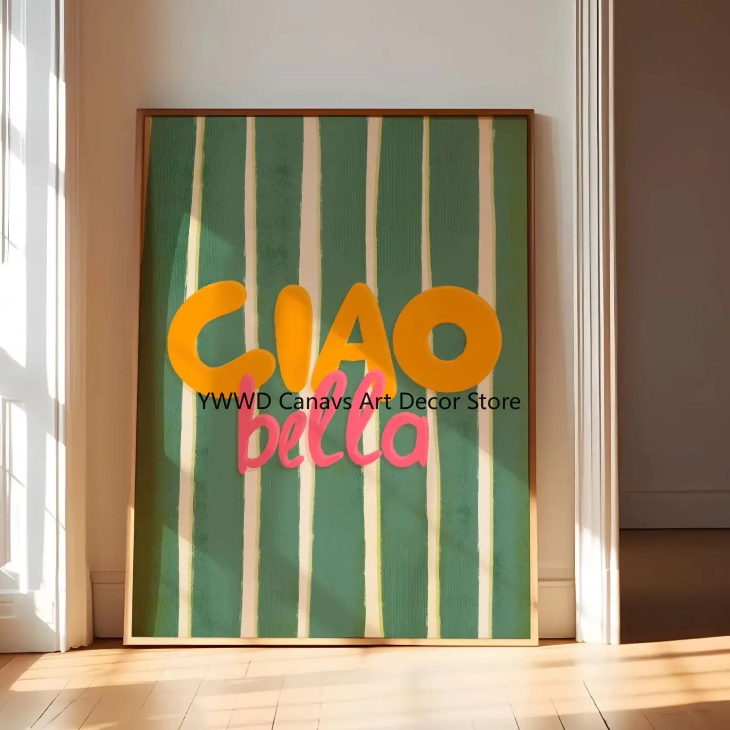 A framed canvas wall art poster titled ciao bella striped features bold vertical green and cream stripes with the word ciao in large yellow letters above bella in pink script.