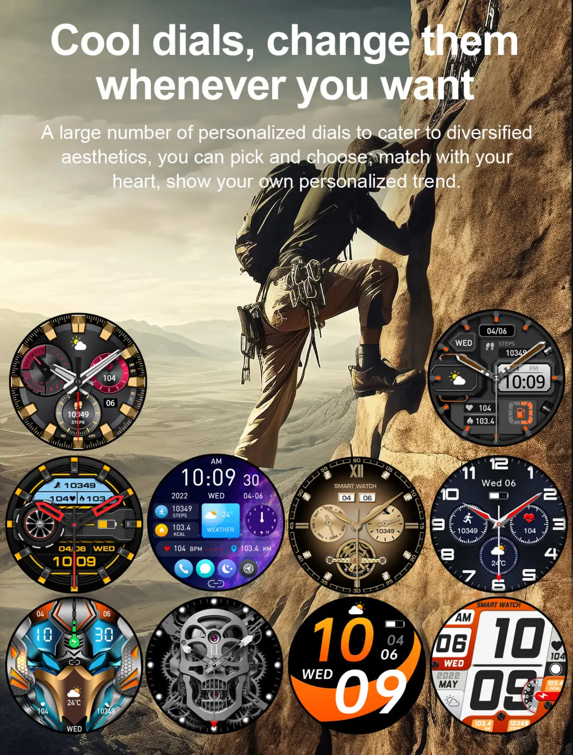 A sleek amoled smart watch with heart rate detection features customizable digital dials in various colors and designs including analog minimalist and futuristic styles on a durable material type.