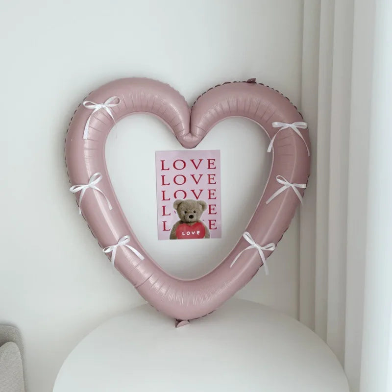 Happy Birthday Heart Photo Frame Balloon with Bowknot Stickers Girlsfriend Birthday Party Photo Props Wedding Ballon Decoration