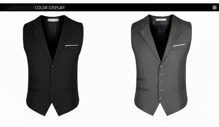 men slim fit suit vest formal business waistcoat in black and gray featuring notched lapels button-front closures and welted pockets
