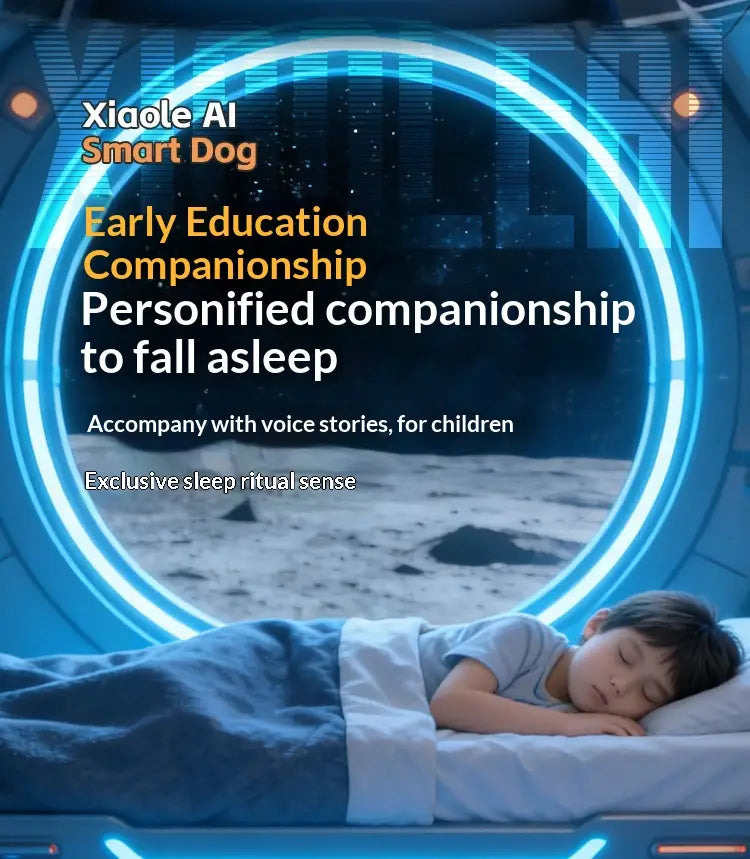 Xiaole ai smart dog is a futuristic blue-lit interactive electronic pet designed as a robotic companion for children’s bedtime stories and sleep rituals.