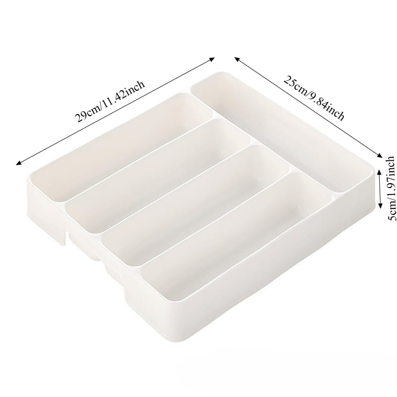 bac d’organisation réglable pour ustensiles de cuisine en plastique blanc, pour tiroir, avec cinq compartiments rectangulaires pour un rangement organisé