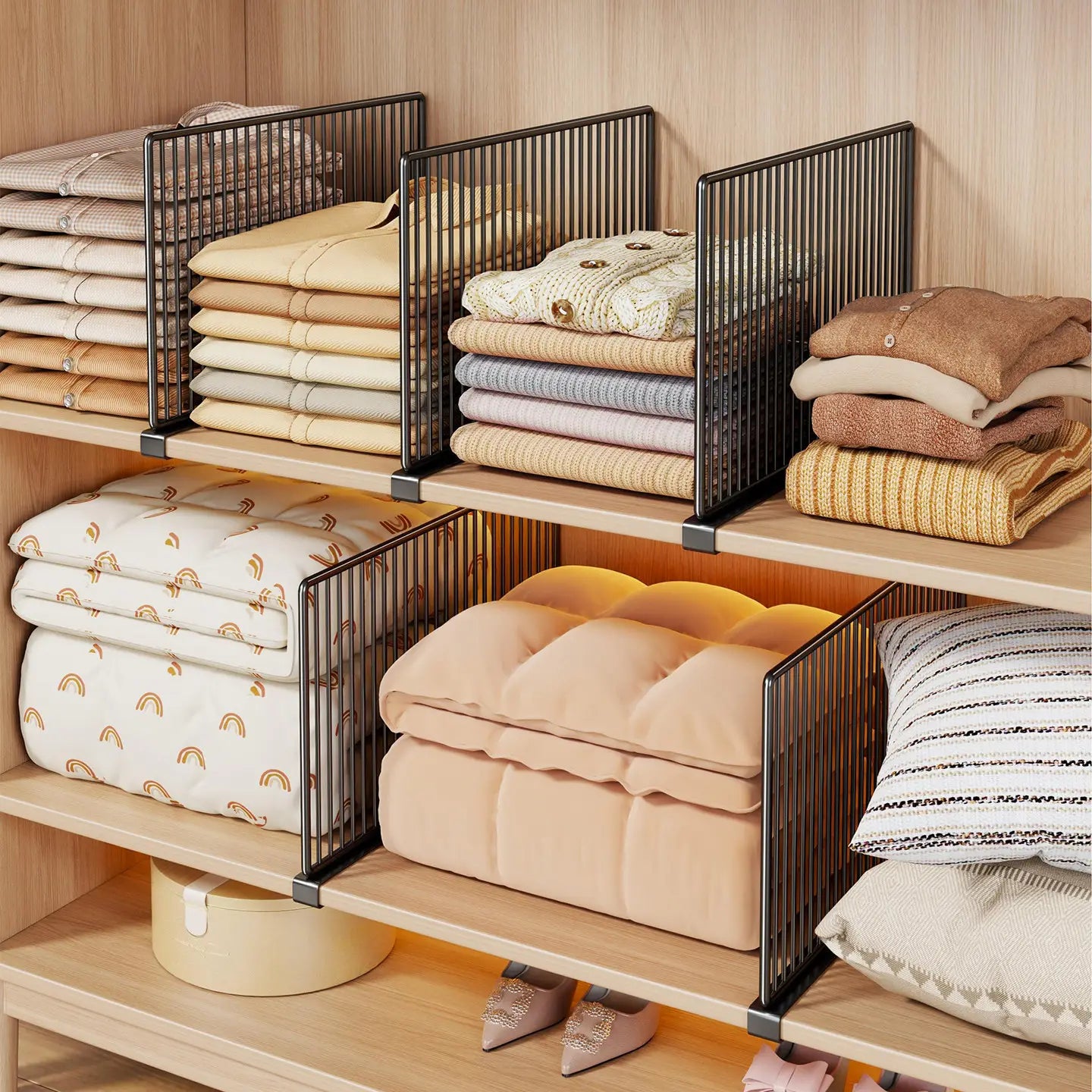 Séparateur d’armoire en fil d’acier pour métal noir, organisateur avec lattes verticales et supports de base plats pour un rangement efficace des étagères.