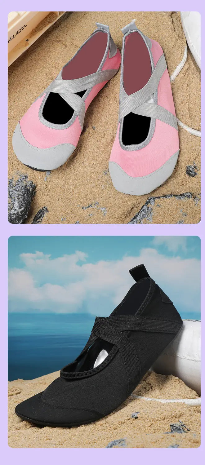 Women yoga shoes anti-slip fitness flats in pink and gray with silver straps designed for water activities and exercise.