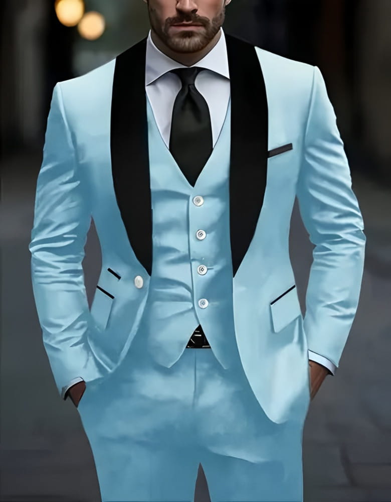 Ensemble smoking homme slim fit bleu clair élégant, avec revers en satin noir et gilet assorti, présentant des boutons argentés et un type de fermeture simple.