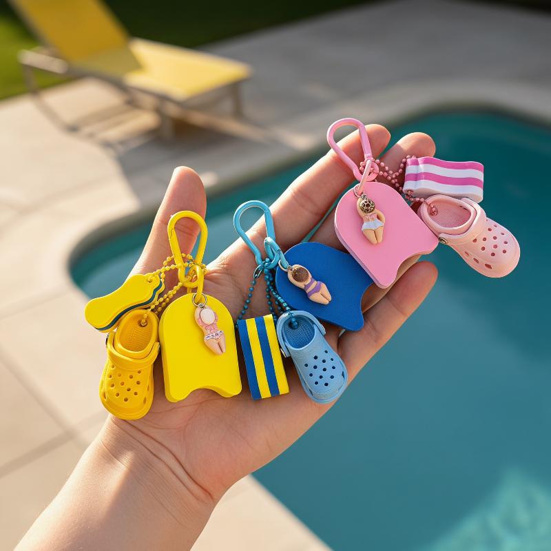 A hand holds a collection of colorful summer beach clog keychain bag charms featuring miniature croc-style shoes and swimwear designs in bright yellow, blue, pink, and striped patterns.