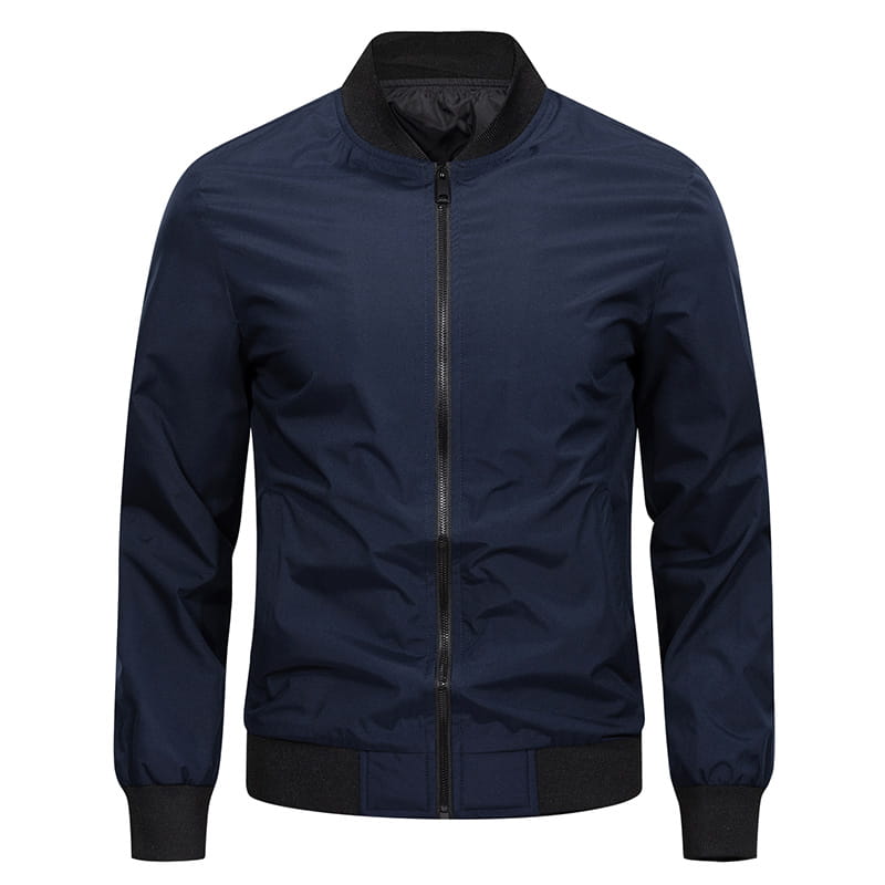 Navy blue windbreaker waterproof hiking jacket for men with black ribbed collar cuffs and waistband suitable for autumn hiking.