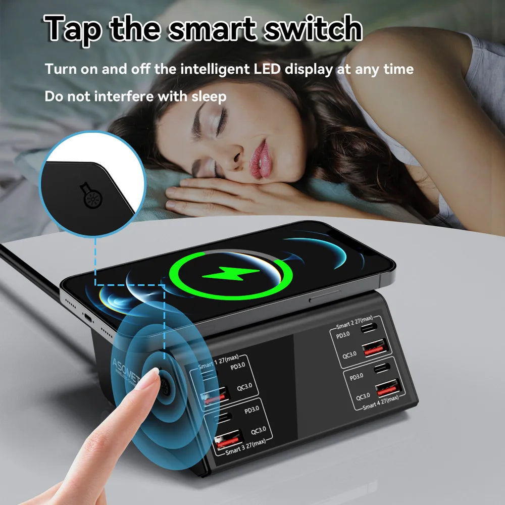 100W QC PD3.0 USB Charger Wireless Chargers Quick Charge 8 Port Charger Fast Charger Charging Station  For IPhone 12 13 Xiaomi