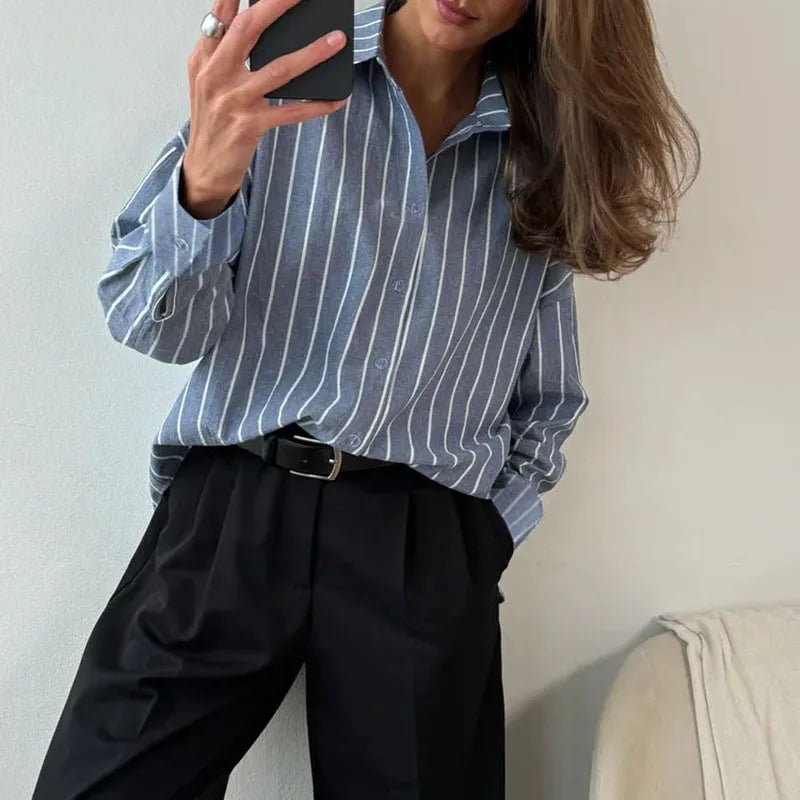 2026 Summer New Women Chiffon Blouse Casual Loose Turn Down Collar Classic Striped Shirts Versatile Long Sleeved Old Money Shirt