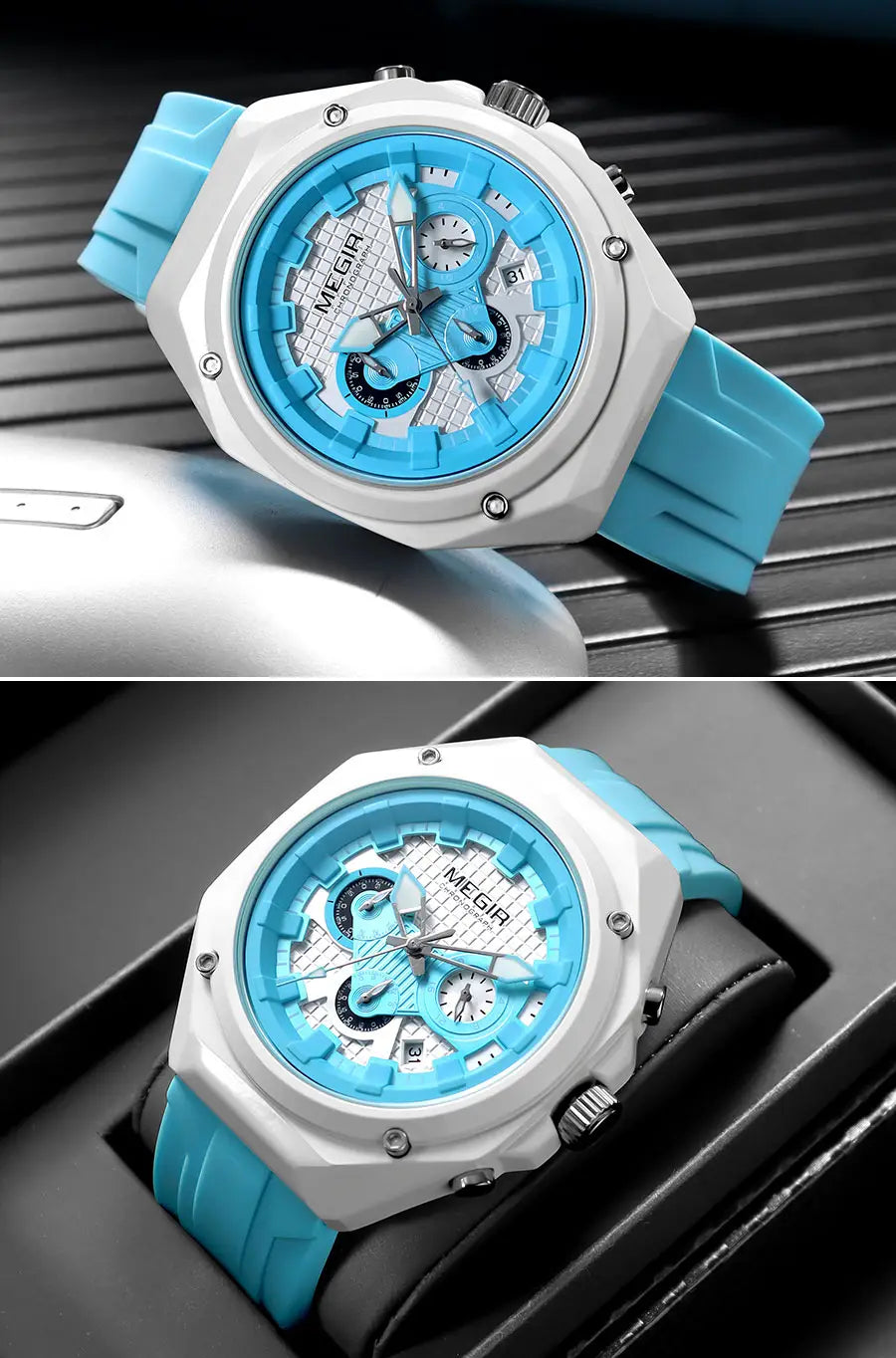 A vibrant blue and white Megir sport chronograph watch featuring a textured silicone strap.