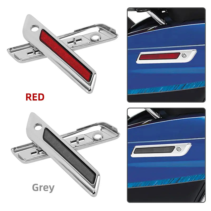 Cubiertas de pestillo de alforja con acabado en cromo para Harley Touring de 2014 en adelante con franjas reflectantes rojas y grises en la moldura del tirador de la puerta del automóvil