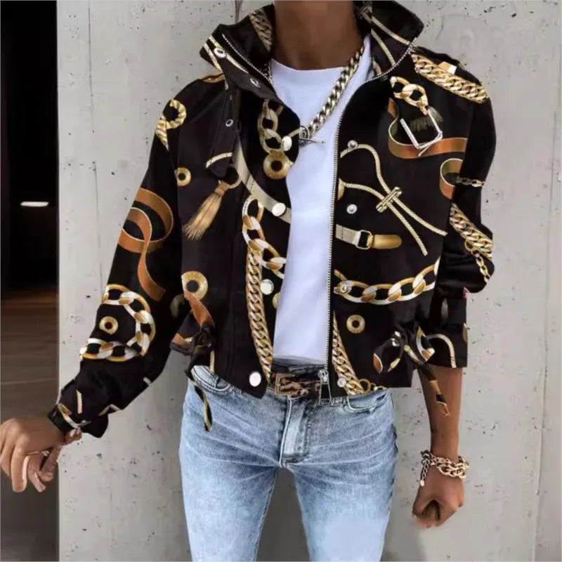 Women's Short Print Trench Jacket Coat With Zipper Stand Collar Loose Windbreaker Casual Clothes Fashion Fall Winter Women Coat