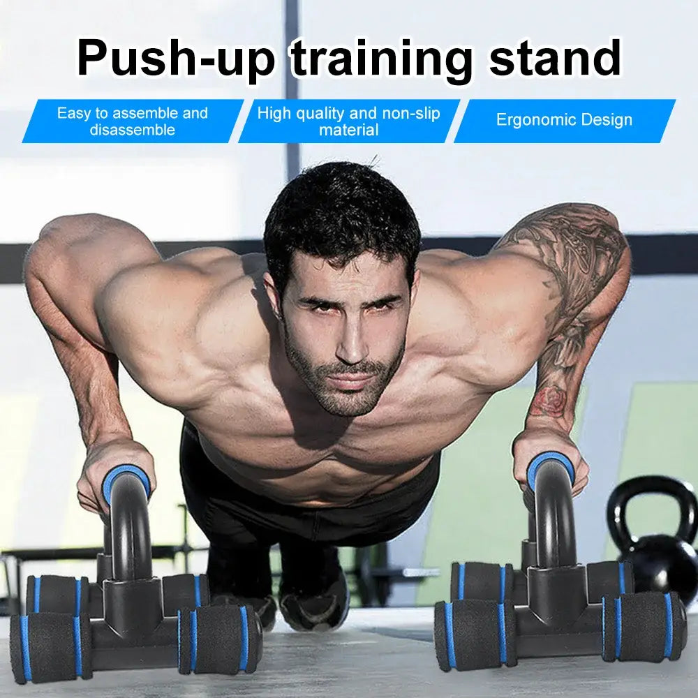 Adjustable push up bars for home muscle training in black and blue with foam grips for comfortable hand support.