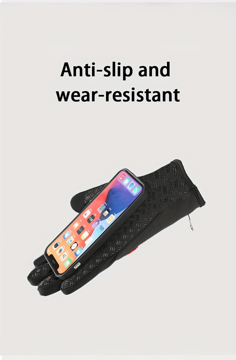 Black touchscreen winter cycling gloves with textured, wear-resistant anti-slip surface and subtle red accents shown from the back side.