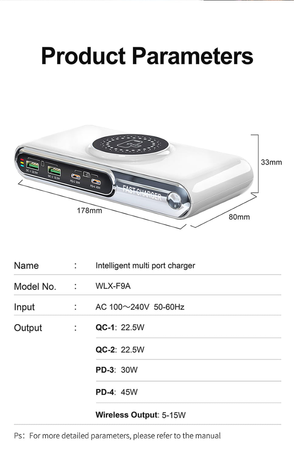 White rectangular intelligent 72w 6-in-1 wireless charging station with a circular wireless charging pad on top and multiple usb ports along the side.