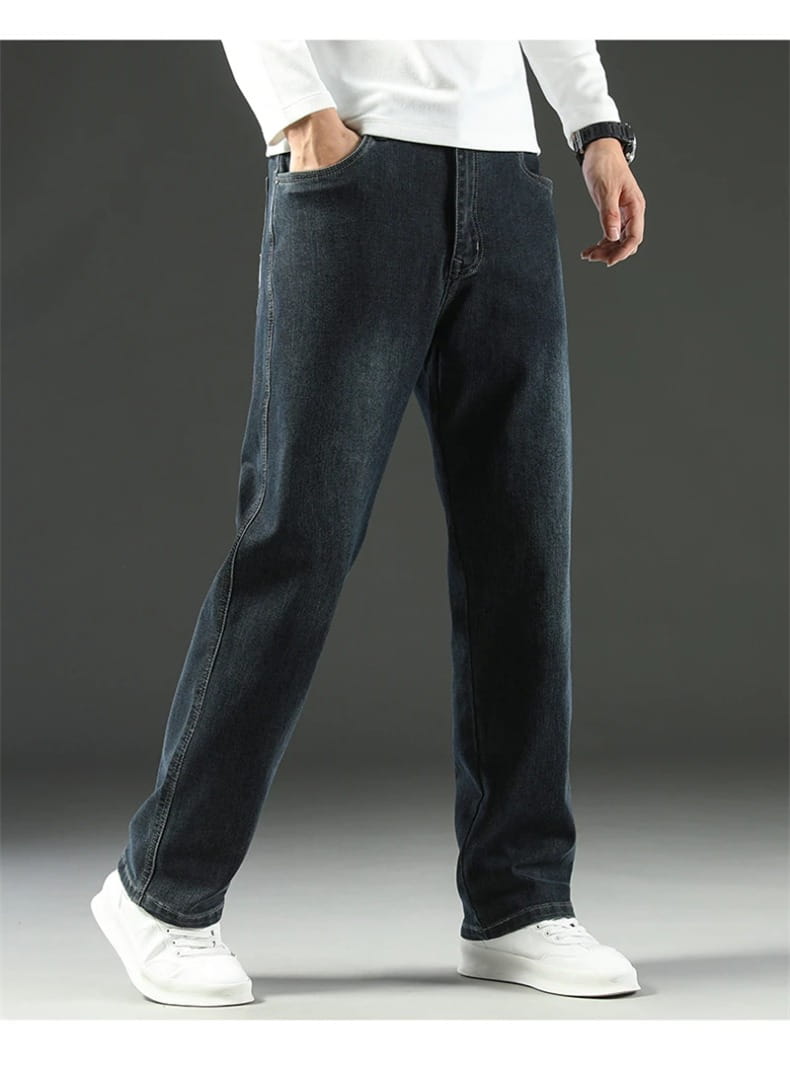 Men’s loose straight business casual jeans in dark-wash denim with a straight-leg cut and classic stitching.