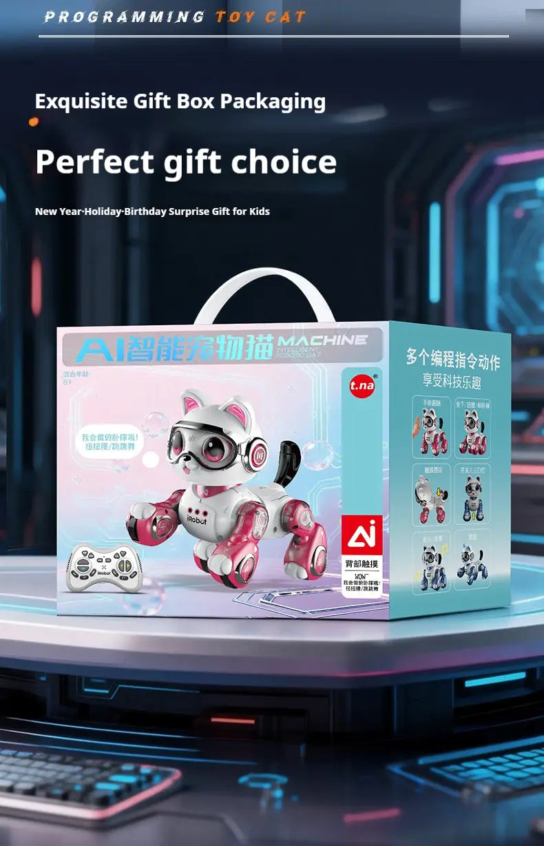 A white and pink remote control robotic horse toy designed as a dog with goggles for children’s play.