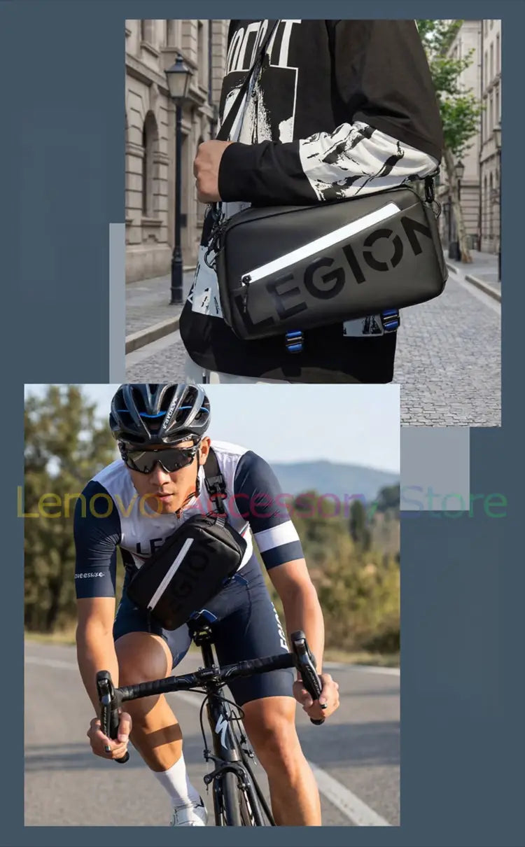 Black legion branded Lenovo legion tablet waterproof messenger bag featuring a black body with a white diagonal stripe and blue straps designed for Lenovo tab users.