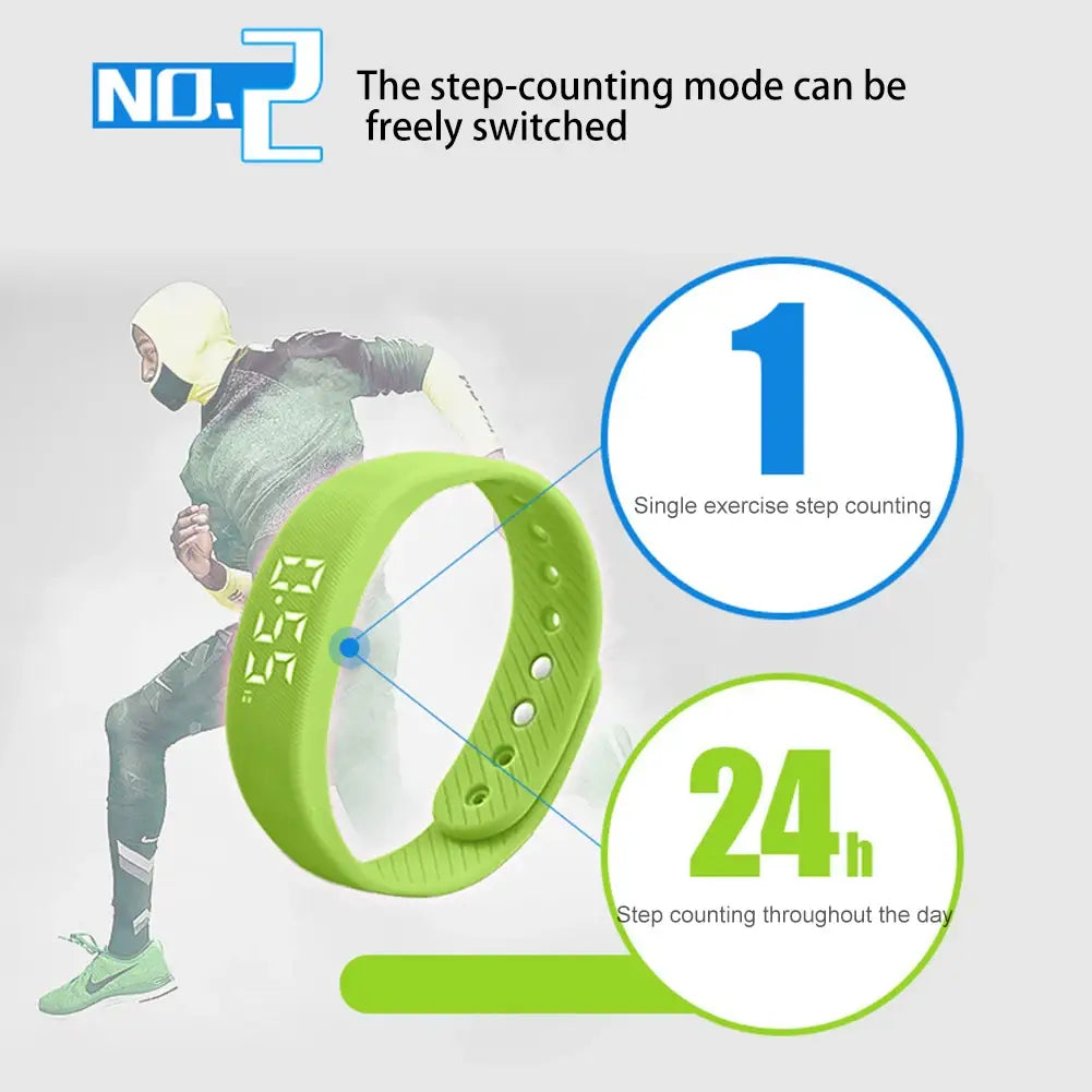 Bright lime green silicone kids LED digital fitness tracker watch band with a digital display showing step count.
