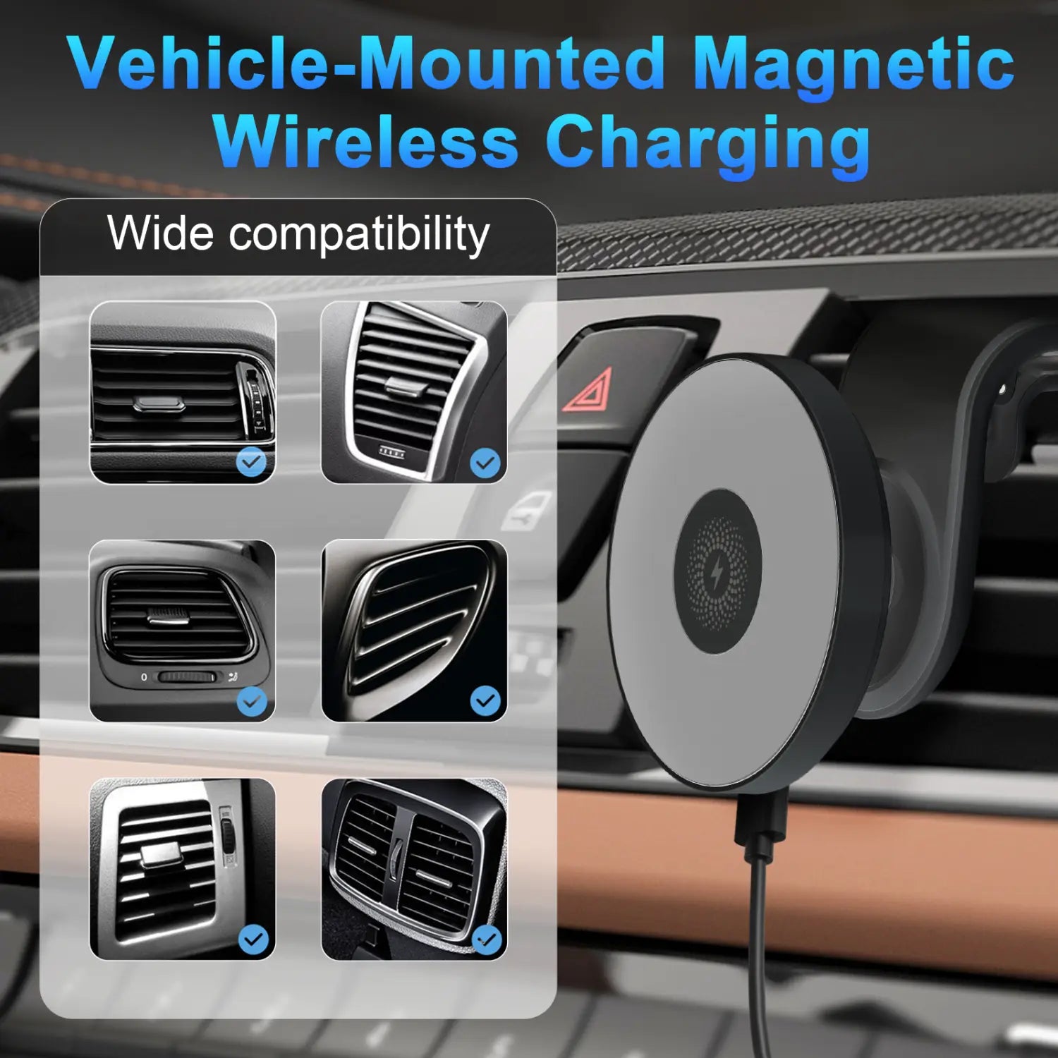Black and silver circular magnetic wireless car charger 15w fast charging pad for car wireless phone mount