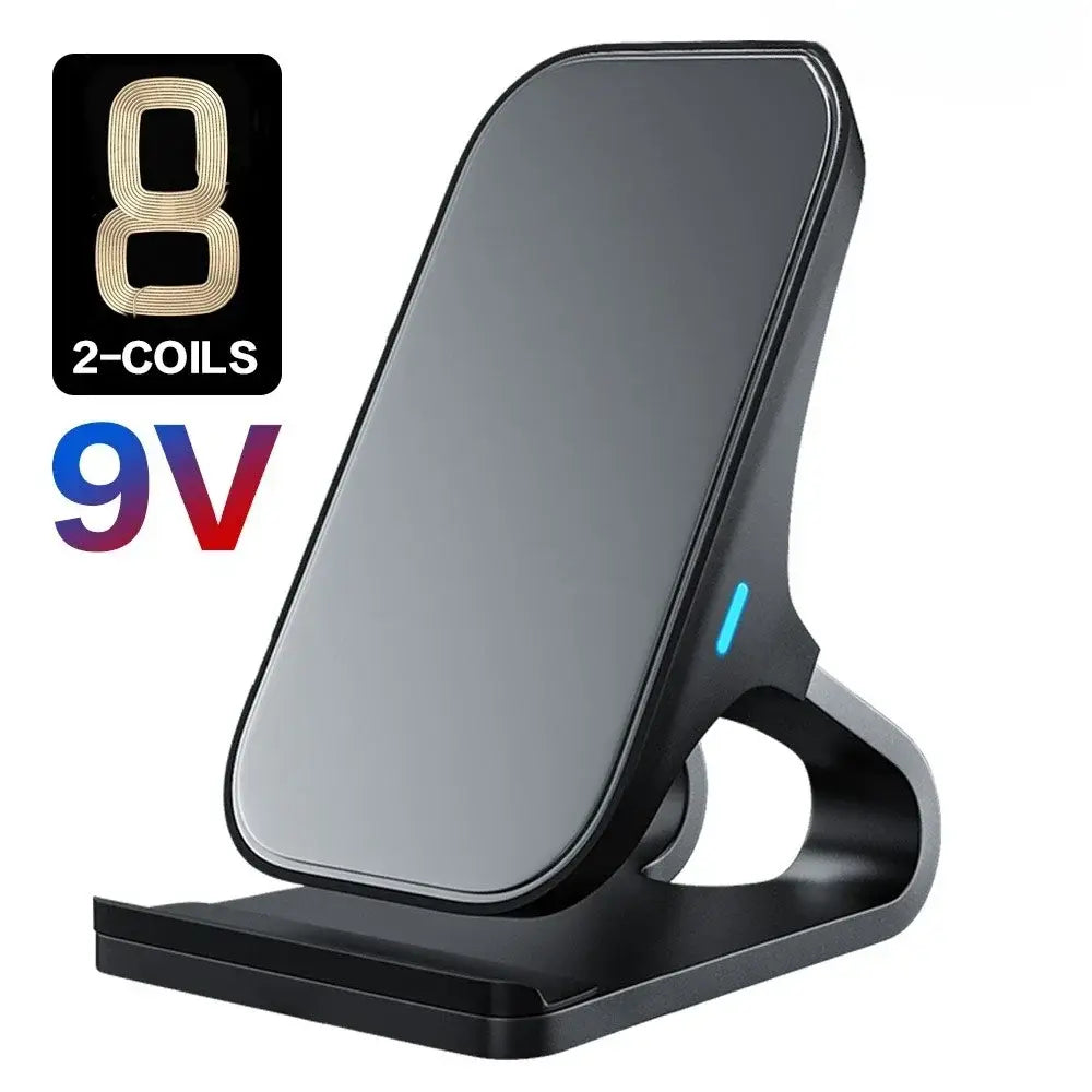 Ein schwarzes kabelloses Ladegerät mit schlankem minimalistischen Design und einer dezenten blauen LED-Anzeigeleuchte mit einer Ausgangsleistung von 10 W für schnelles Laden.