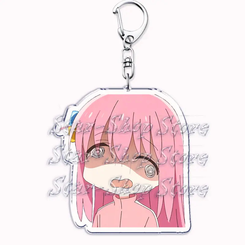 pink-haired anime character acrylic keychain from bocchi the rock featuring a clear acrylic body and silver metal clasp