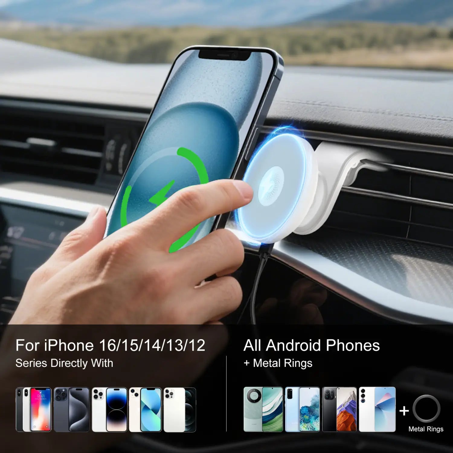 white circular magnetic car mount wireless charger with glowing blue light ring designed for fast charging in car wireless setups
