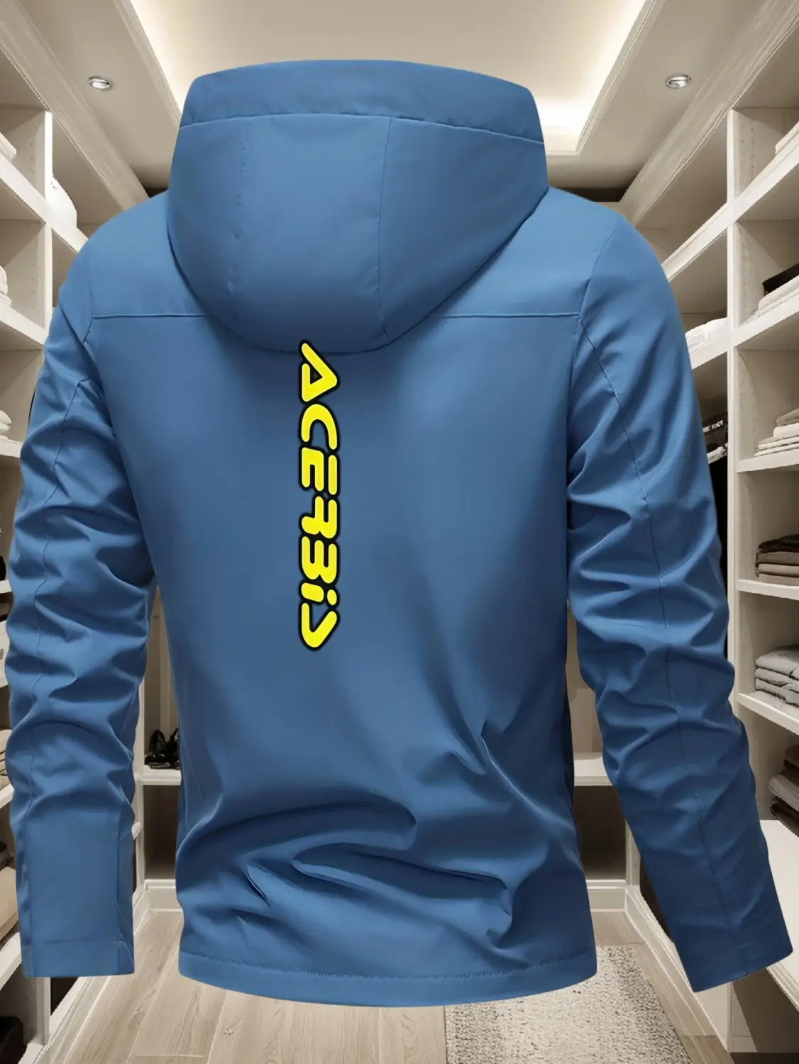 Men off road hooded jacket windproof casual outerwear in blue with a vertical yellow Acerbis logo on the back side.