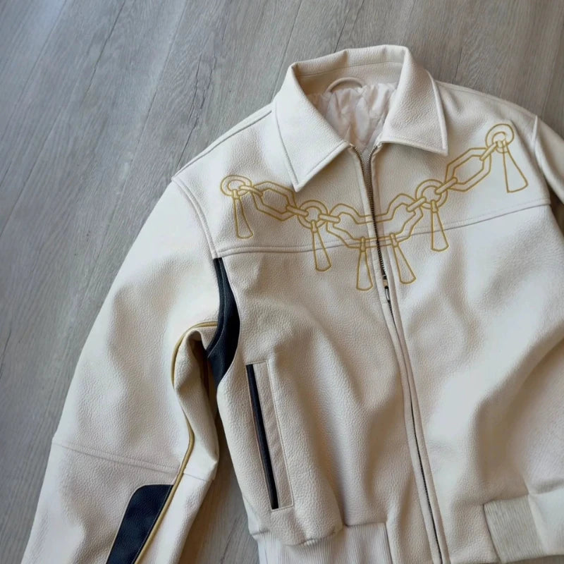 Mens PU Leather Jacket Embroidery Motorcycle Coat Harajuku Unisex Cropped Lapel Collar Vintage Streetwear Casual Fashion Trend
