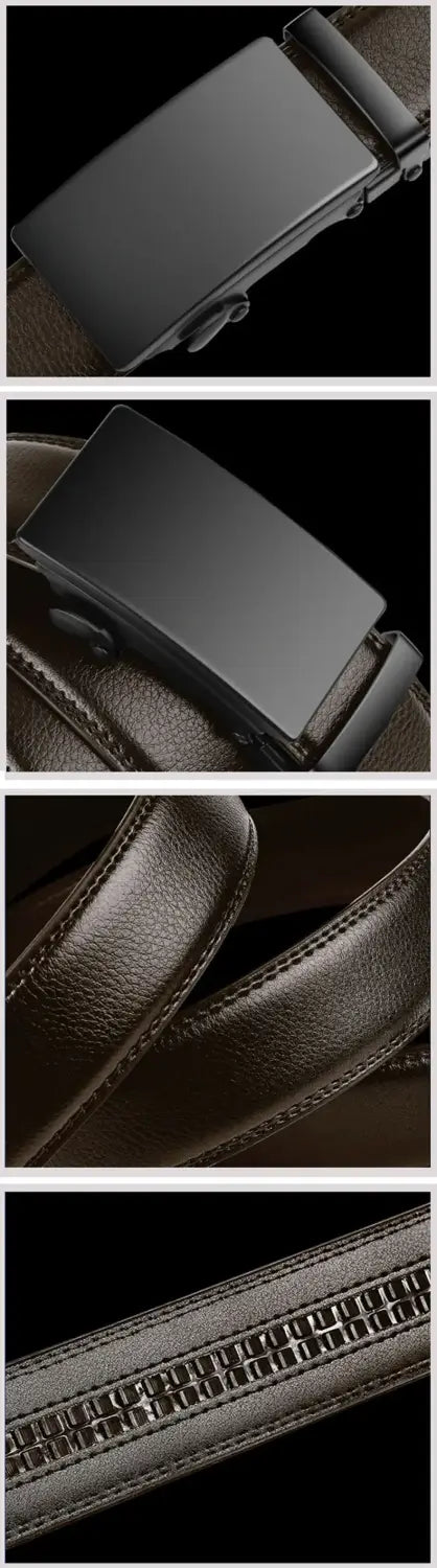 Cexika men brown leather automatic buckle belt featuring black leather with a matte black automatic buckle and stitched edges.