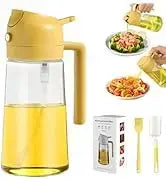 vaporisateur d’huile en plastique jaune avec corps en verre transparent et bec assorti jaune, conçu comme une bouteille doseuse d’huile de cuisine 2-en-1 de 500 ml pour l’utilisation en vaporisation d’huile