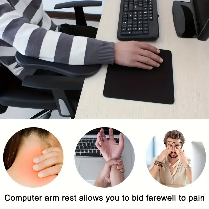 Black ergonomic desk armrest extender made of durable material with adjustable support for comfortable typing and mouse use.