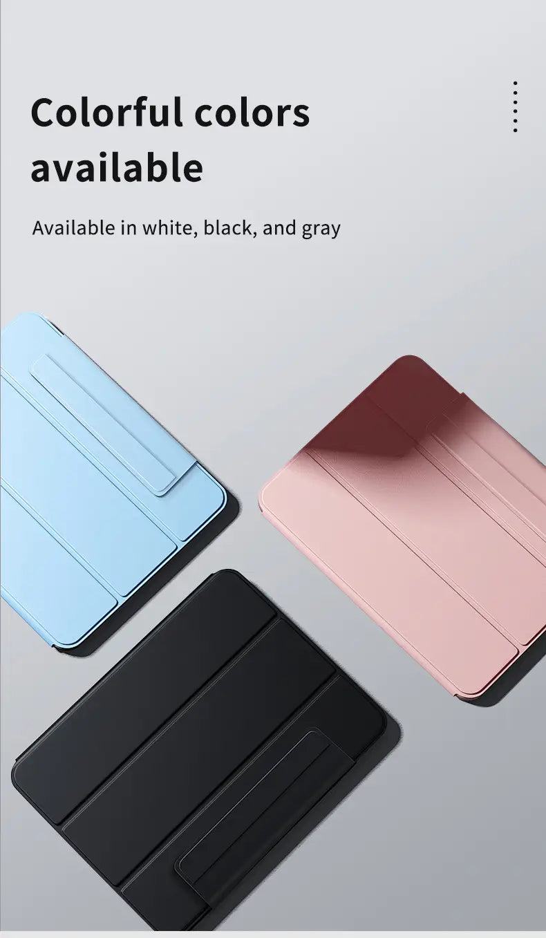 A sleek tri-fold protective case for a tablet in soft pastel blue matte black and rose gold designed for use with a tablet wall mount magnetic bracket and ipad charger.