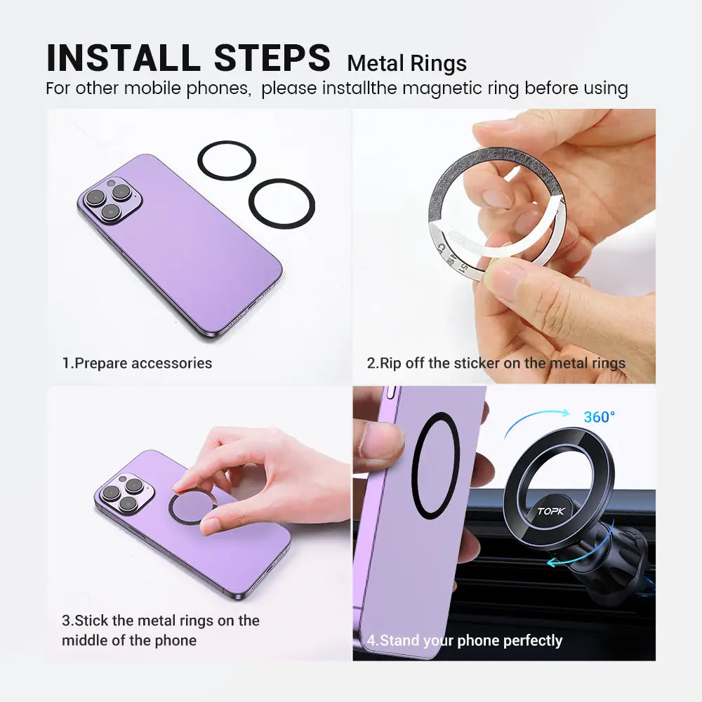 Lila Smartphone mit Dreifach-Kamera-Array und Metallring-Montage auf der Rückseite, angebracht an einem Topk magnetischen KFZ-Handyhalter für Magsafe.
