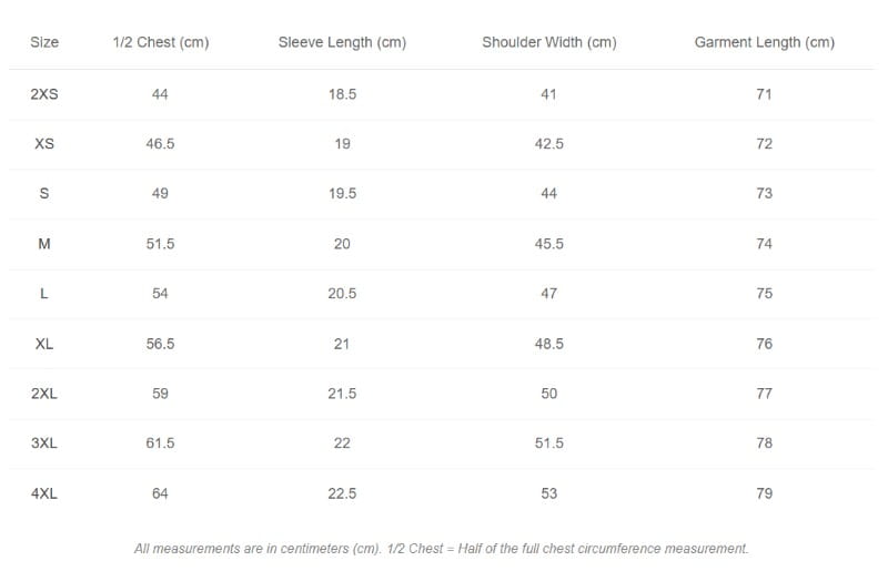 Size chart displaying measurements in centimeters for the heart print casual short sleeve button down shirt available in sizes 2XS to 4XL.