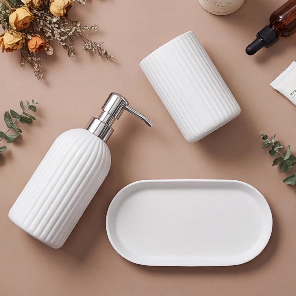3pcs/set White Bathroom Accessories Set, Farmhouse Organizer with Soap Dispenser, Qtip Jar and Tray for Bathroom Sink
