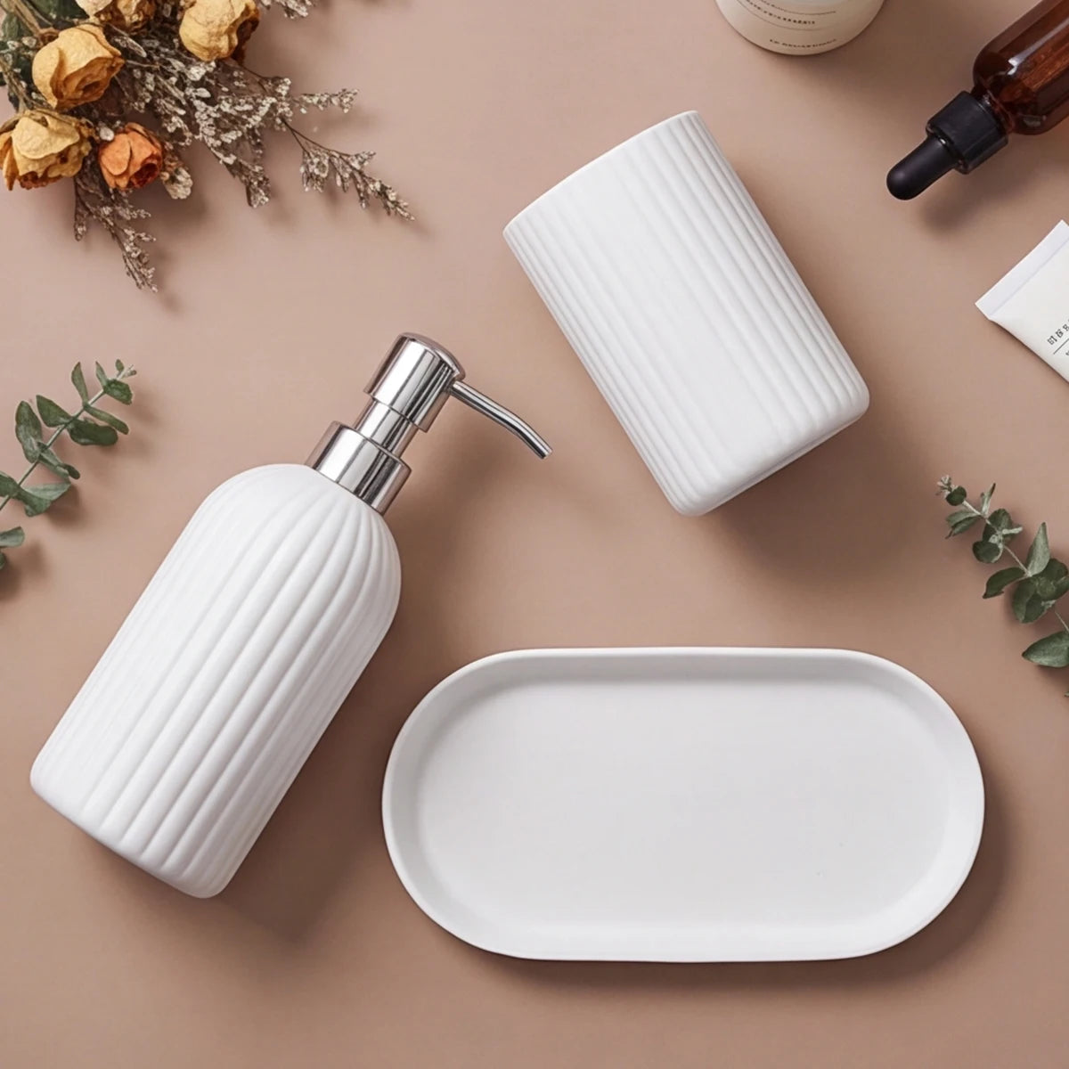 3pcs/set White Bathroom Accessories Set, Farmhouse Organizer with Soap Dispenser, Qtip Jar and Tray for Bathroom Sink