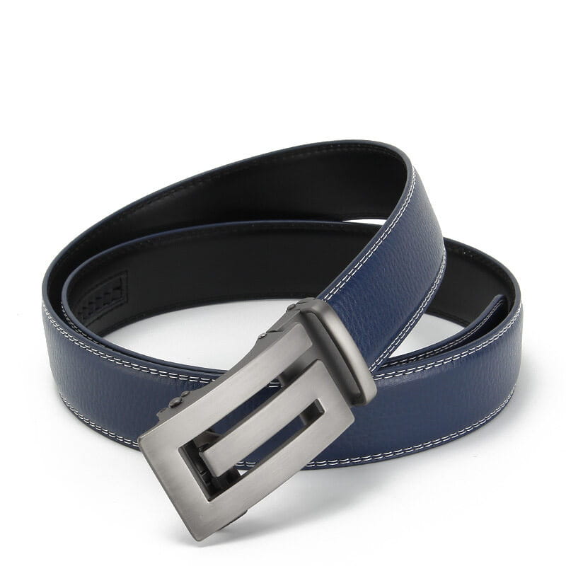 Ceinture automatique en cuir bleu marine pour homme avec boucle automatique à finition argentée et surpiqûre blanche, réalisée en cuir véritable