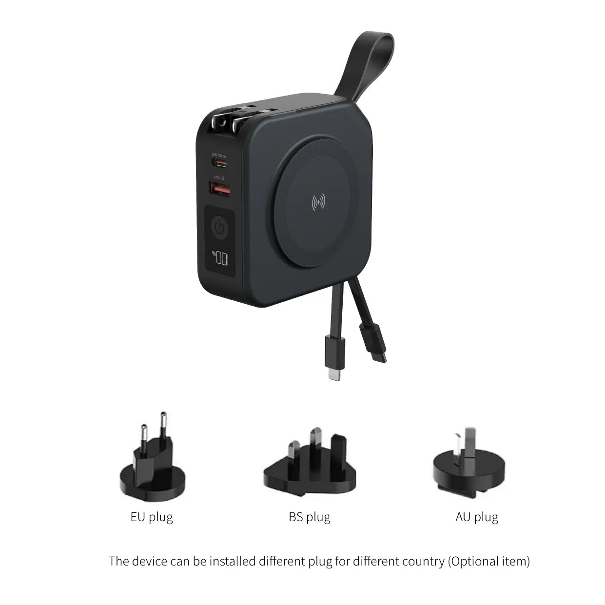 Black rectangular magnetic wireless power bank 15w max with built-in wireless charging pad multiple USB ports and retractable cable for travel use.