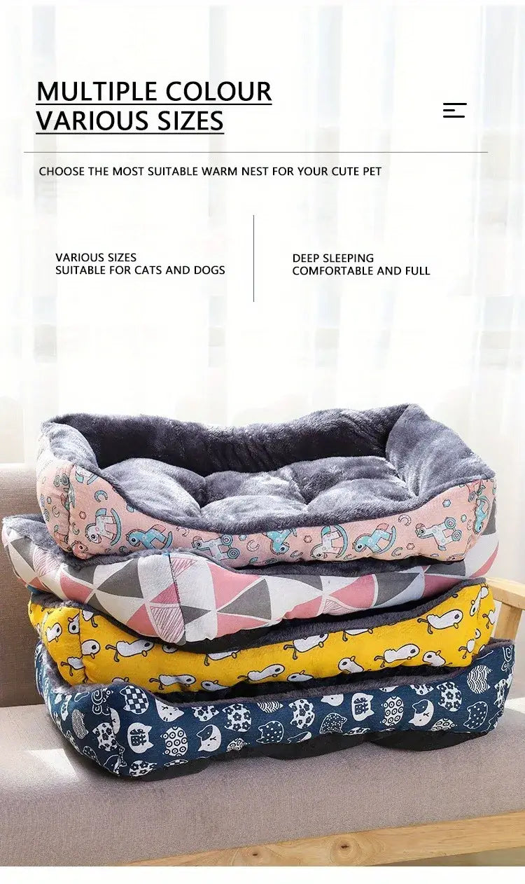 stacked plush cat beds and dog beds in soft fabrics featuring playful cartoon animal and geometric patterns designed for winter pet products.