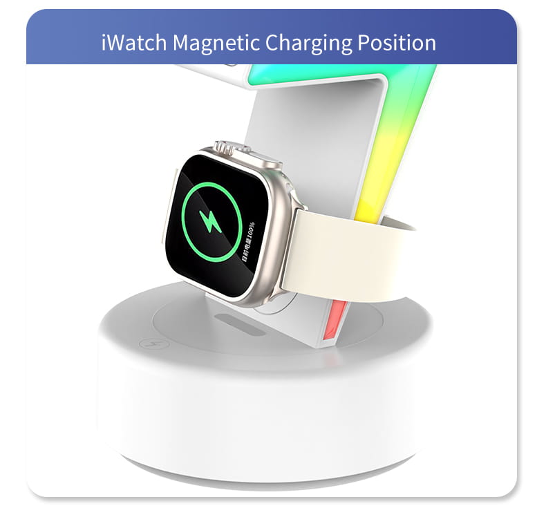 White magnetic wireless charging 3 in 1 RGB stand holding a silver Apple Watch with a cream-colored band demonstrating efficient wireless charging output power.
