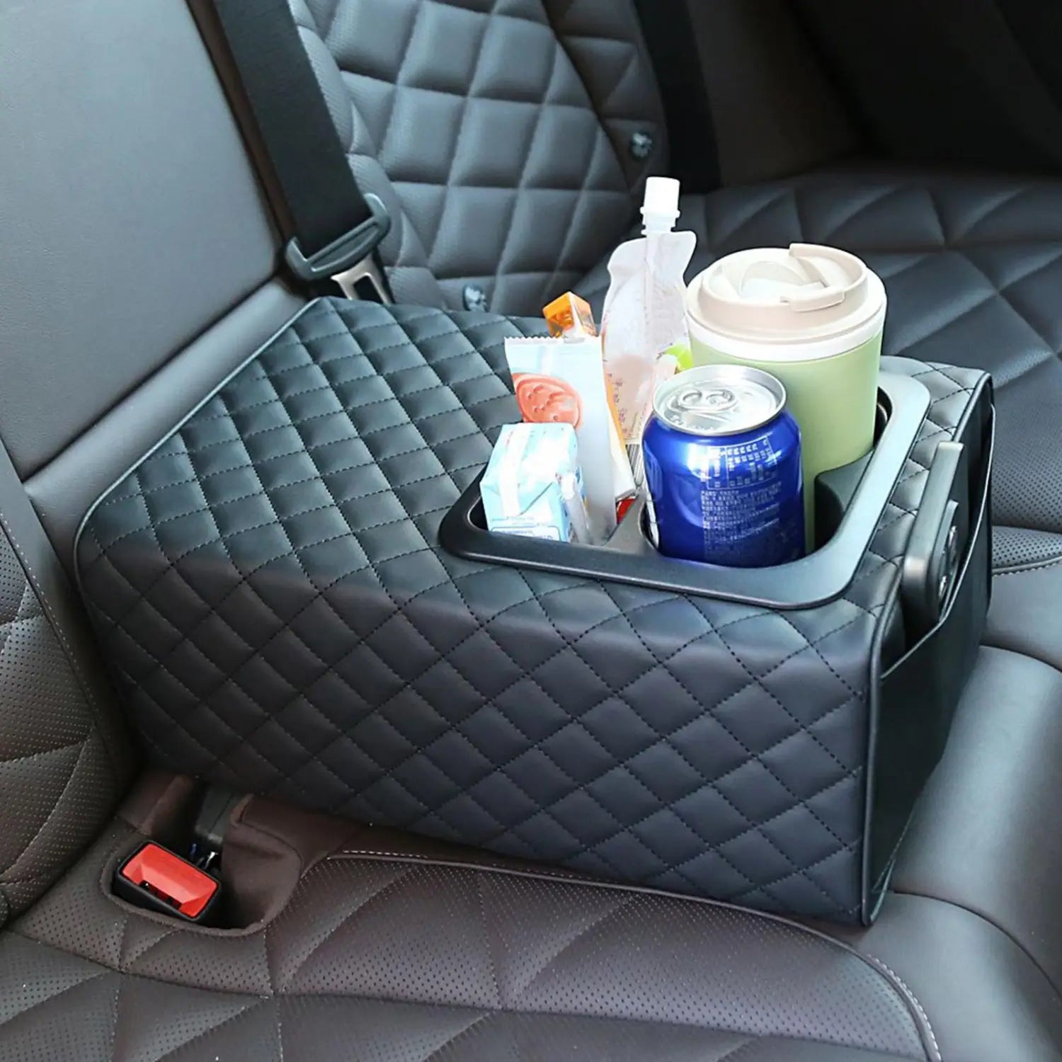 Organizador negro acolchado para consola de automóvil con espuma viscoelástica, con bandeja integrada para bebidas y aperitivos, y portavasos.
