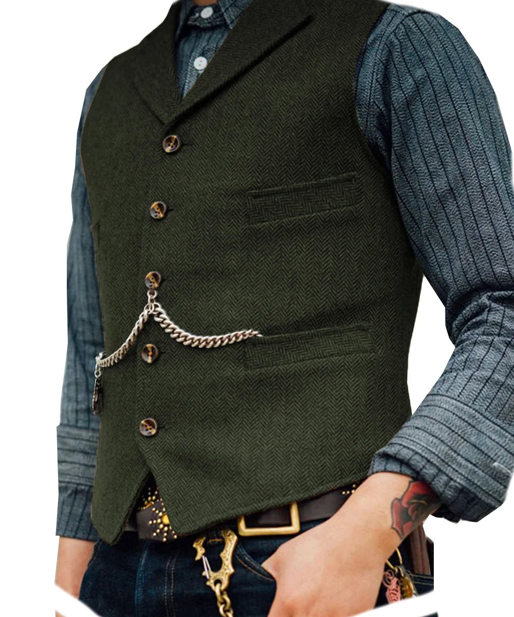 Mens Suit Vest Lapel V Neck Herringbone Casual Business Vest Waistcoat Groomman For Wedding Tweed Business Waistcoat