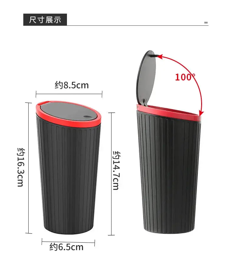papelera cubo de almacenamiento para basura del automóvil de tipo de prensado negra y roja con tapa abatible de apertura de 100 grados, mostrada desde el ángulo frontal