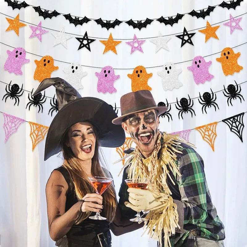 Halloween Party Decor Paper Banner Bat Spider Ghost Banner Garland Bunting For Home Halloween Party Hanging Ornaments Favor Gift
