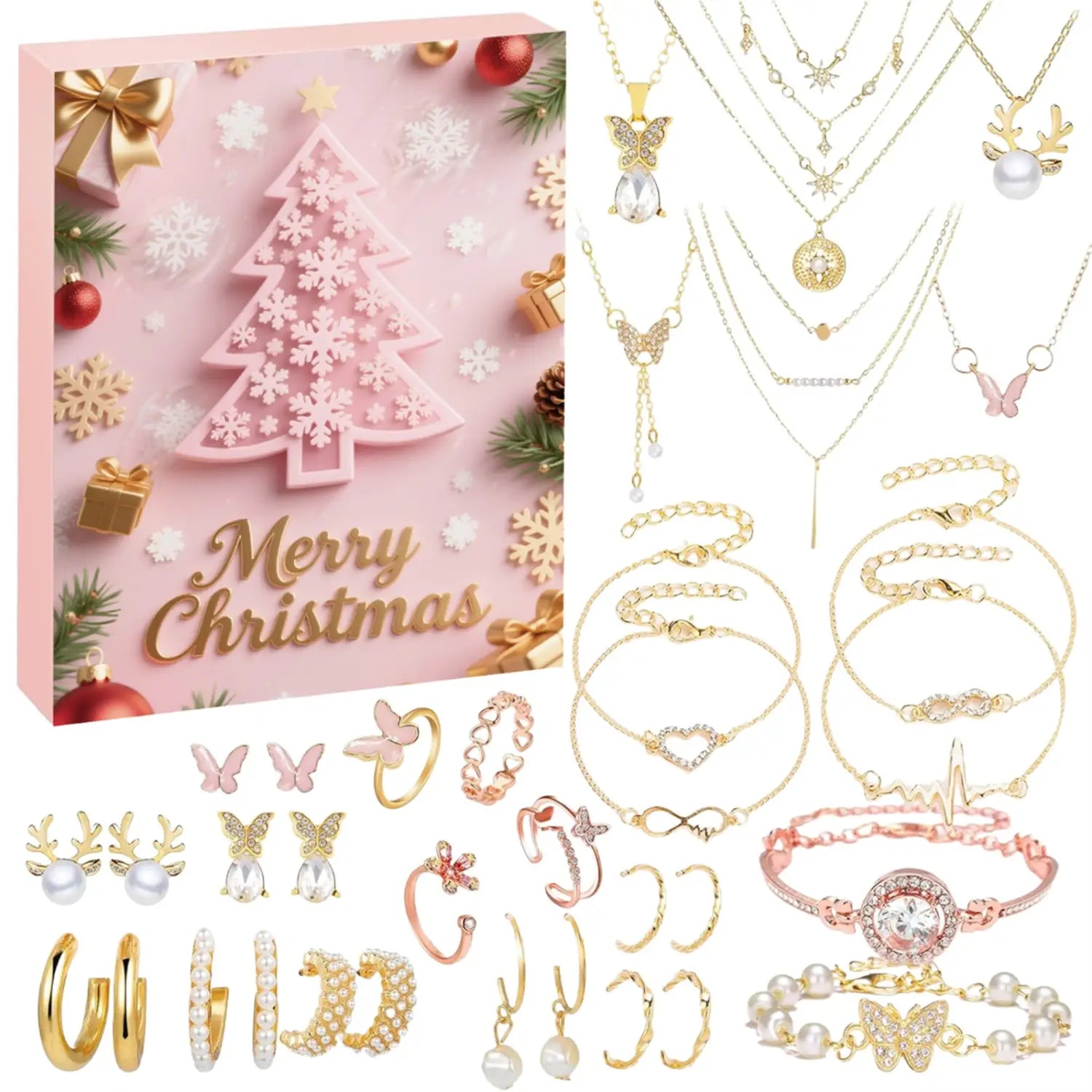 A festive pink Christmas advent calendar jewelry gift set featuring gold-toned and rose-gold toned pieces with butterfly, reindeer, pearl, and crystal embellishments.