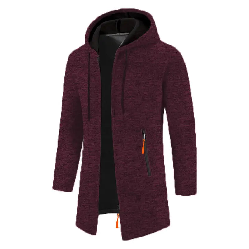 Sudadera con cremallera extragrande para hombre en tejido con textura burdeos, con capucha, forro interior negro y tiradores de cremallera color naranja