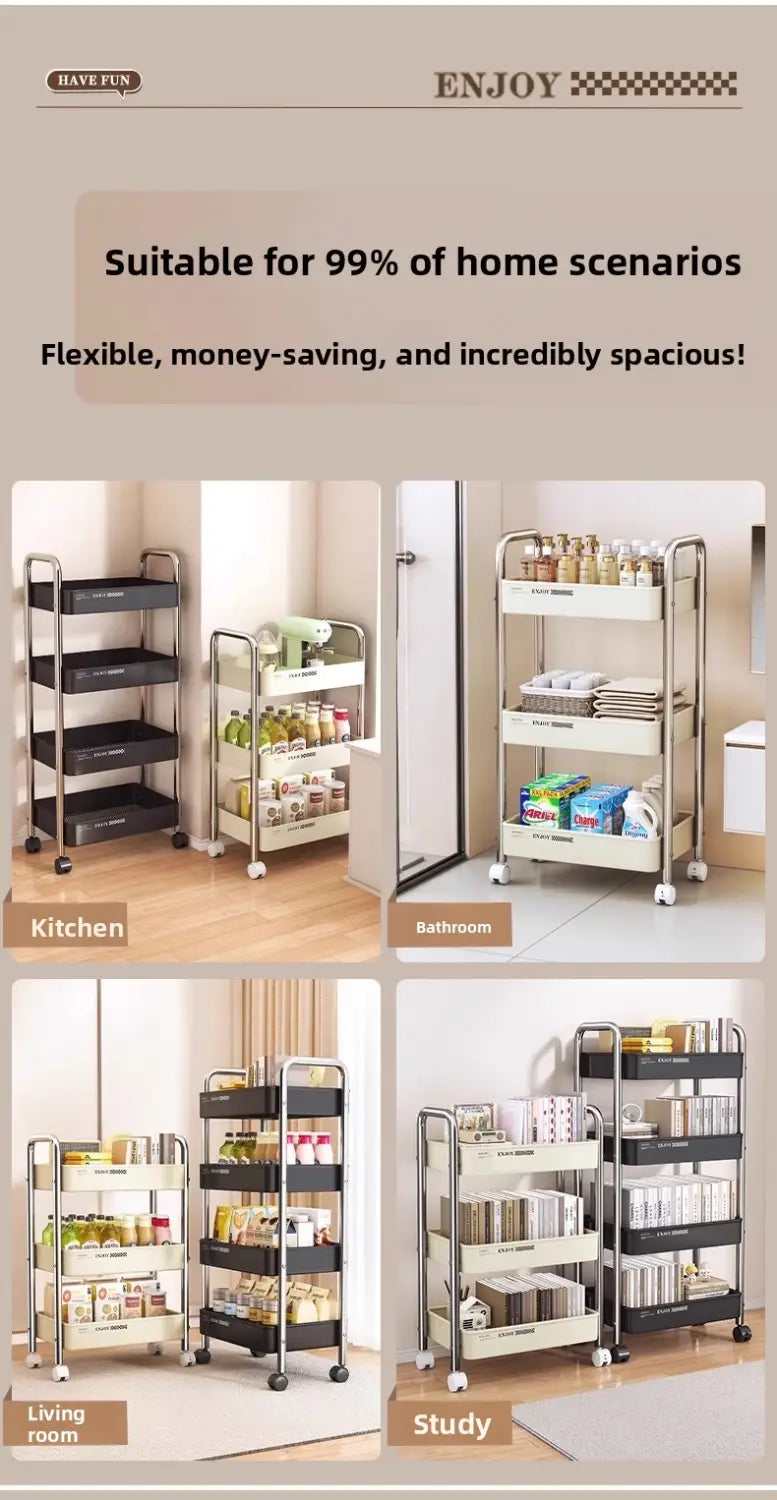 Mehrstufiges Rollregal mit elegantem Metallrahmen und schwarzen Kunststoffböden, ausgelegt für vielseitige Organisation in der Wohnung