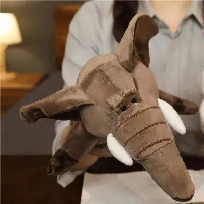 brown plush elephant hand finger puppet with white tusks and stitched details from educational baby toys lion elephant bunny collection